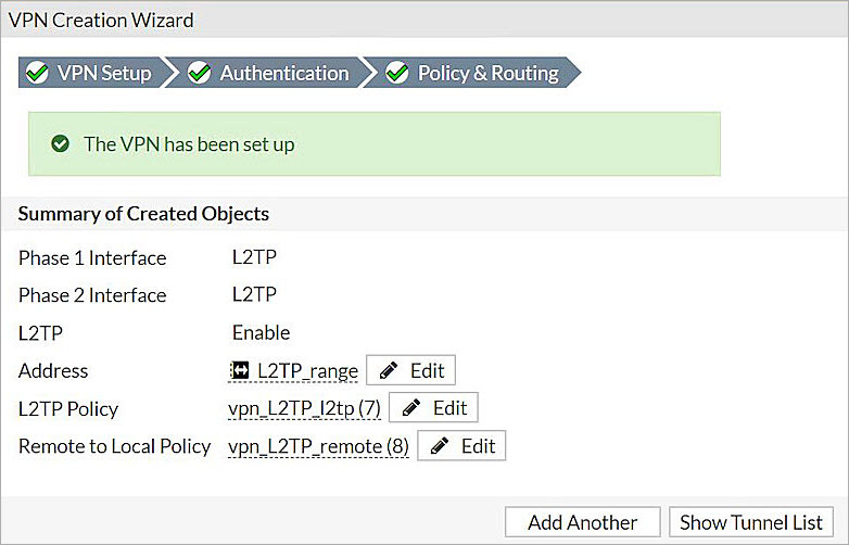 Screenshot that shows the VPN Creation Wizard completed
